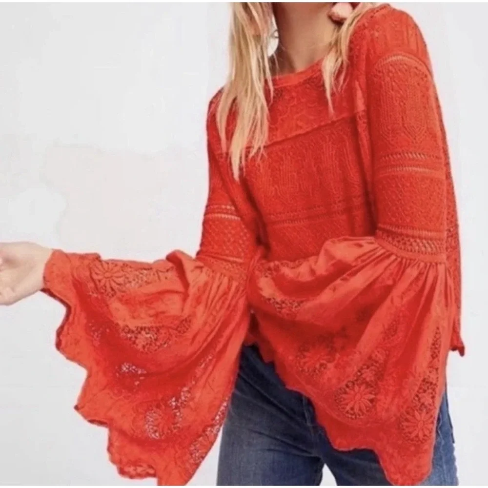 Free People Women's Flare Bell Sleeve Knit Crochet Eyelet Orange Red Size S Boho